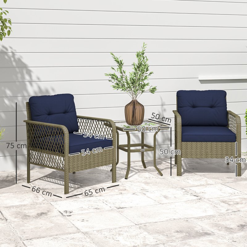 Outsunny 3 Pieces Rattan Bistro Set, Wicker Garden Furniture Set with Glass Top Coffee Table and Chairs, Thickened Cushions for Outdoor, Patio, Balcony, Charcoal Grey