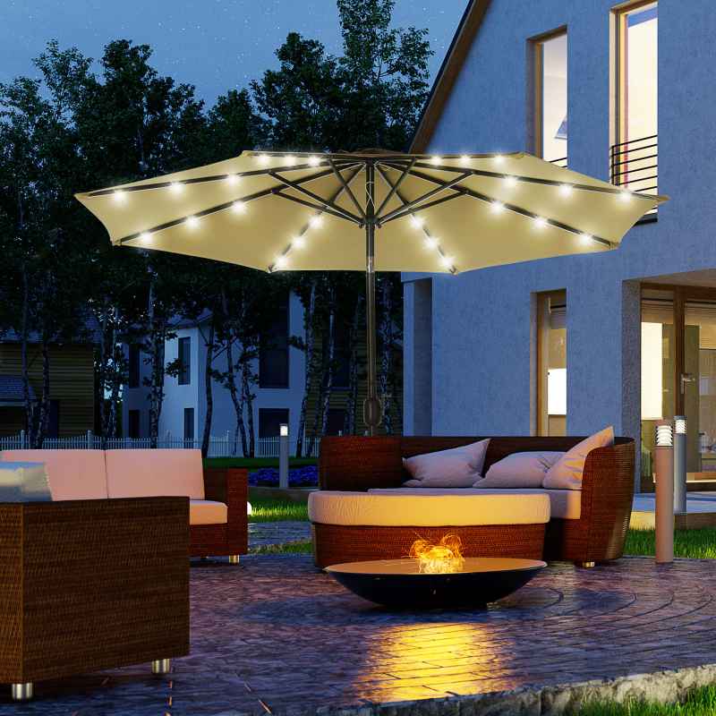 Outsunny 2.7m Patio Garden Umbrella Outdoor Parasol Outdoor Market Table Umbrella with Tilt Crank and 24 LEDs Lights (Brown)