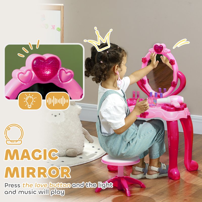AIYAPLAY Kids Dressing Table with Mirror and Stool, Kids Vanity Table Make Up Pretend Play Toys with Light, Music, 15 Accessories, for Ages 3-6 Years, Pink
