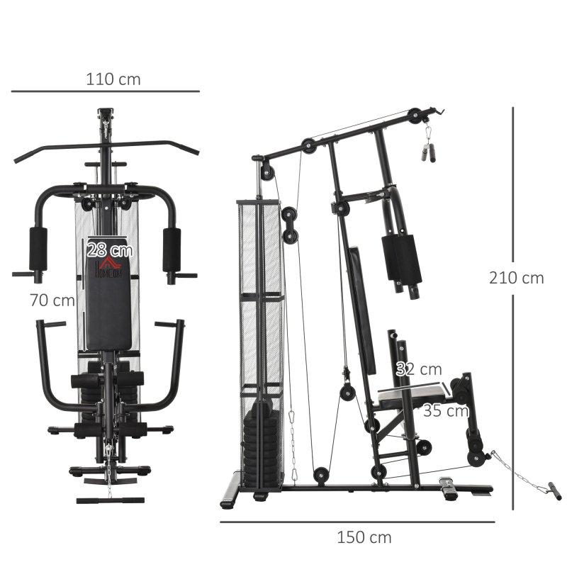 HOMCOM Multi Gym Workout Station, 45Kg Weight Stack Training System, Full Body Fitness for Home Gym, Black