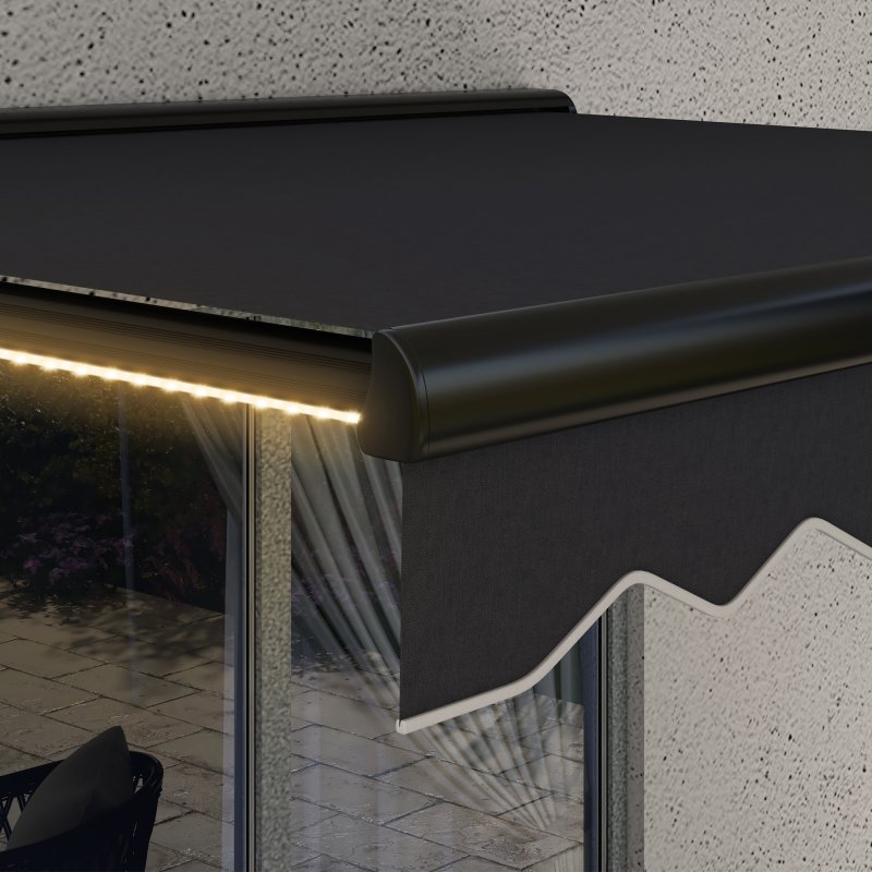 Outsunny 2.5 x 2m Electric Awning with LED Light and Remote Controller, Aluminium Frame Retractable Awning Half Cassette Sun Canopies for Garden Patio Deck Door Window