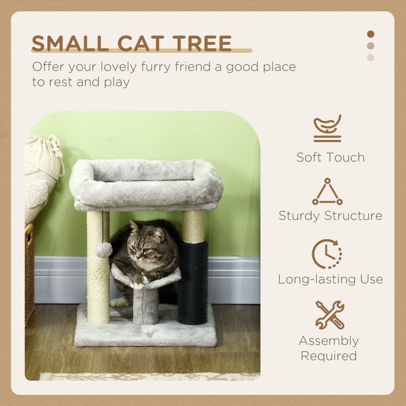 PawHut Small Cat Tree for Indoor Cats, Cat Scratching Post with Bed, Self Groomer, Toy - Grey