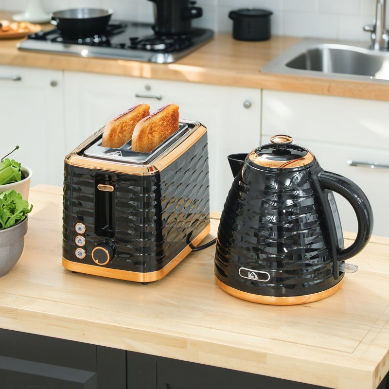 HOMCOM Kettle and Toaster Sets, 3000W 1.7L Rapid Boil Kettle & 2 Slice Toaster with 7 Browning Controls, Defrost, Reheat and Crumb Tray, UK Otter thermostat, Black