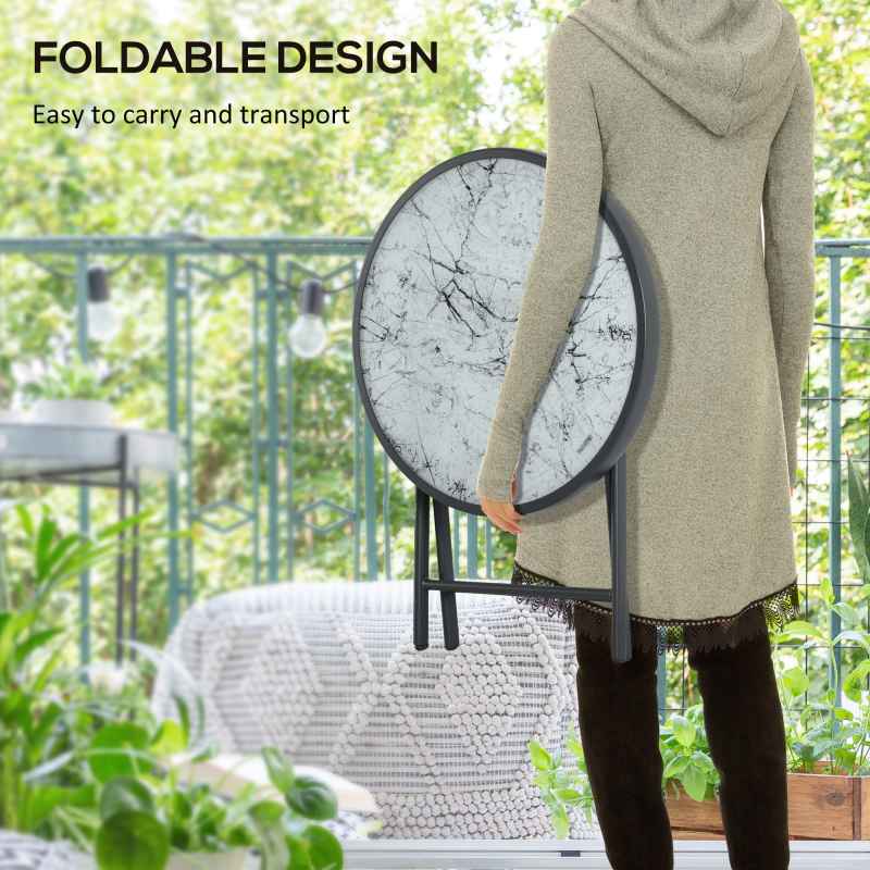 Outsunny ??45cm Garden Side Table, Outdoor Round Folding Patio Table with Imitation Marble Glass Top, Small Coffee Table, White