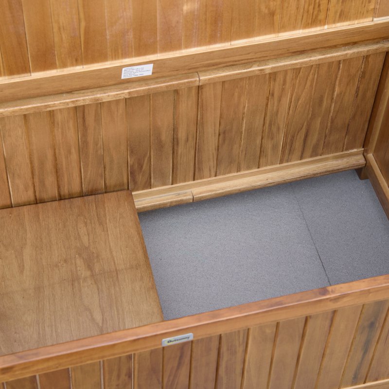 Outsunny 2 Seater Garden Storage Bench, 164L Outdoor Storage Box with Backrest Flower Pattern, Wooden Garden Bench with Armrests, 125 x 68.5 x 97cm, Natural