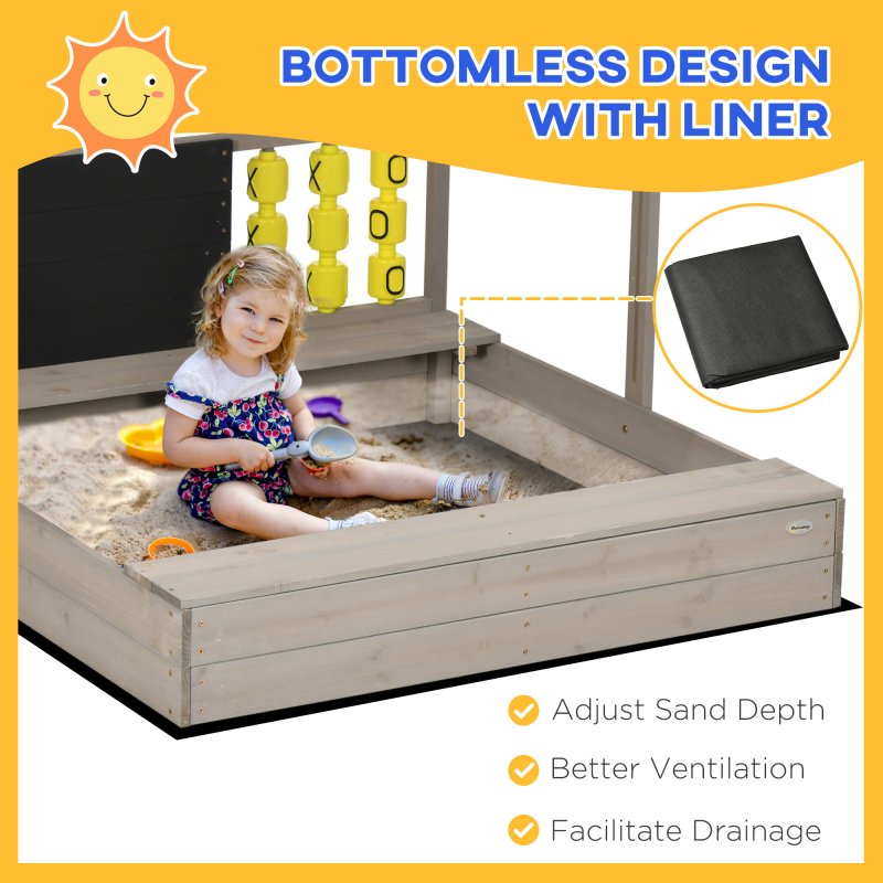 Outsunny Kids Wooden Sand Pit, Children Sandbox w/ Non-Woven Fabric, Two Seats, Canopy, for Gardens, Playgrounds - Grey