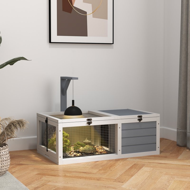 PawHut Tortoise House, Wooden Tortoise Enclosure, Tortoise Habitat with Lamp Holder, 2 Pull-Out Trays, Hideaway, Run, for Indoor, Outdoor, Light Grey