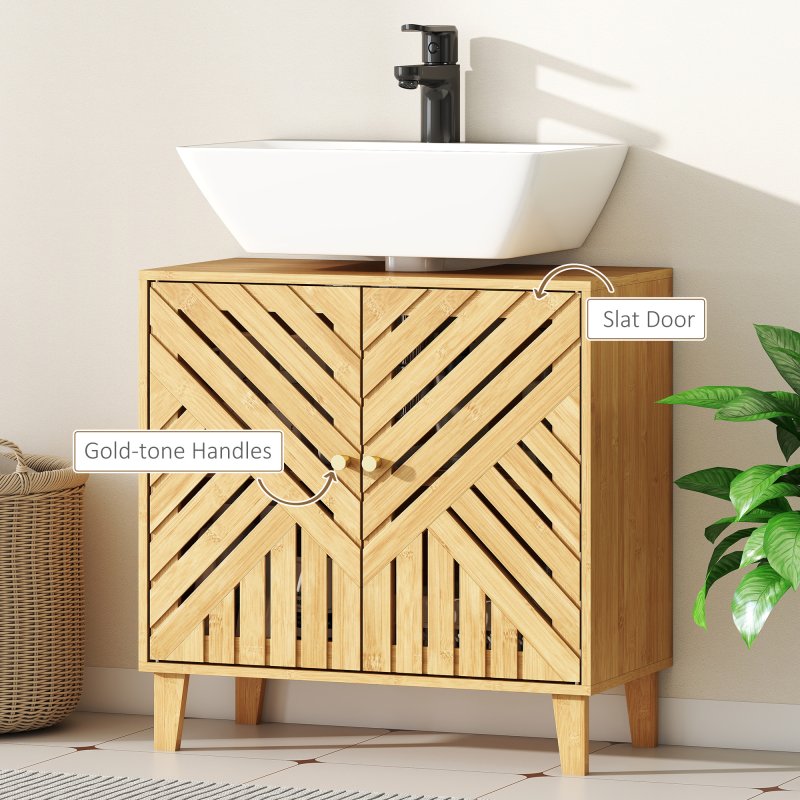 HOMCOM Under Sink Bathroom Cabinet, Bamboo Freestanding Under Sink Cabinet with Adjustable Shelf and Slat Doors for Basin without Pedestal, Natural