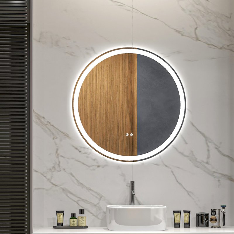 kleankin Round Bathroom Mirror with LED Lights, Wall Mount Dimmable Makeup Mirror with 3 Temperature Colours, Defogging Film and Memory Function, Frameless, Hardwired