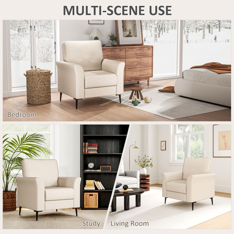 HOMCOM Modern Armchair, Upholstered Linen Fabric Accent Chair with Metal Legs, Wood Frame and Thick Padded Cushion for Living Room Bedroom Office, Beige