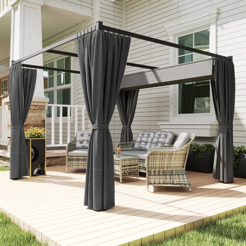 Outsunny 3 x 3(m) Pergola with Retractable Roof Canopy and Curtains, Metal Frame Garden Gazebo Outdoor Sun Shade Shelter for Grill, Patio, Deck, Charcoal Grey