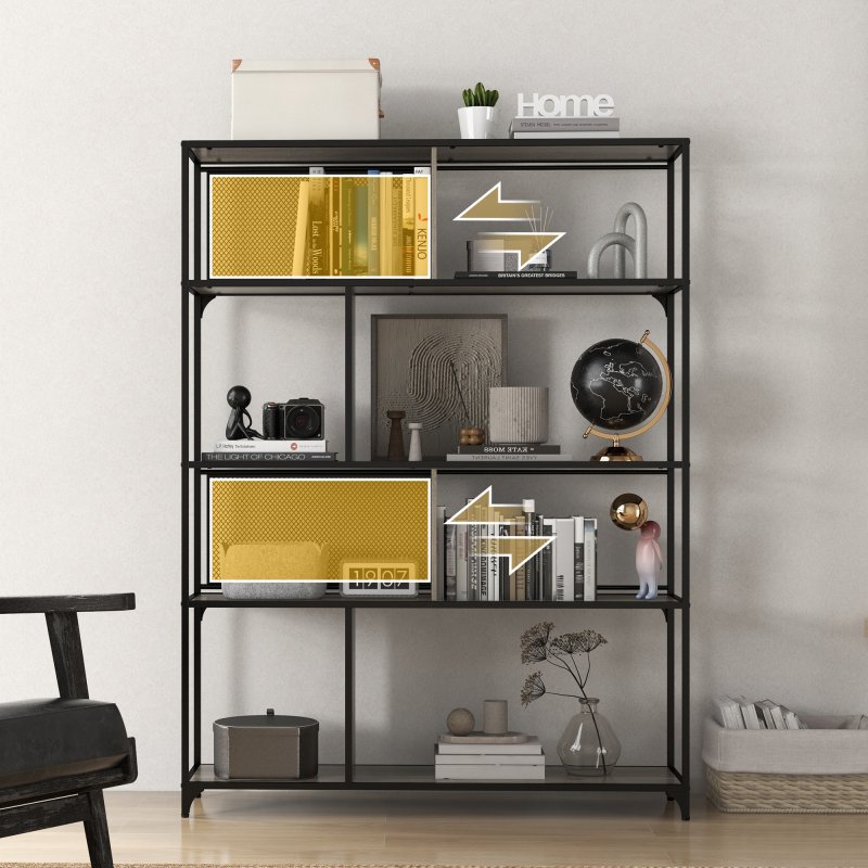 HOMCOM 5 Tier Book Shelf with Sliding Mesh Doors, Industrial Storage Shelves, Metal Shelving Unit for Living Room, Study, Bedroom, Grey Wood Grain