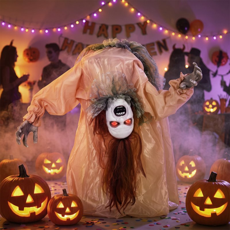 HOMCOM 100 cm Animated Halloween Broken-Back Ghost, Halloween Animatronics Swaying Female Ghoul with Creepy Screams, Glowing Eyes, Sound/Touch Activated, for Indoor, Covered Outdoor