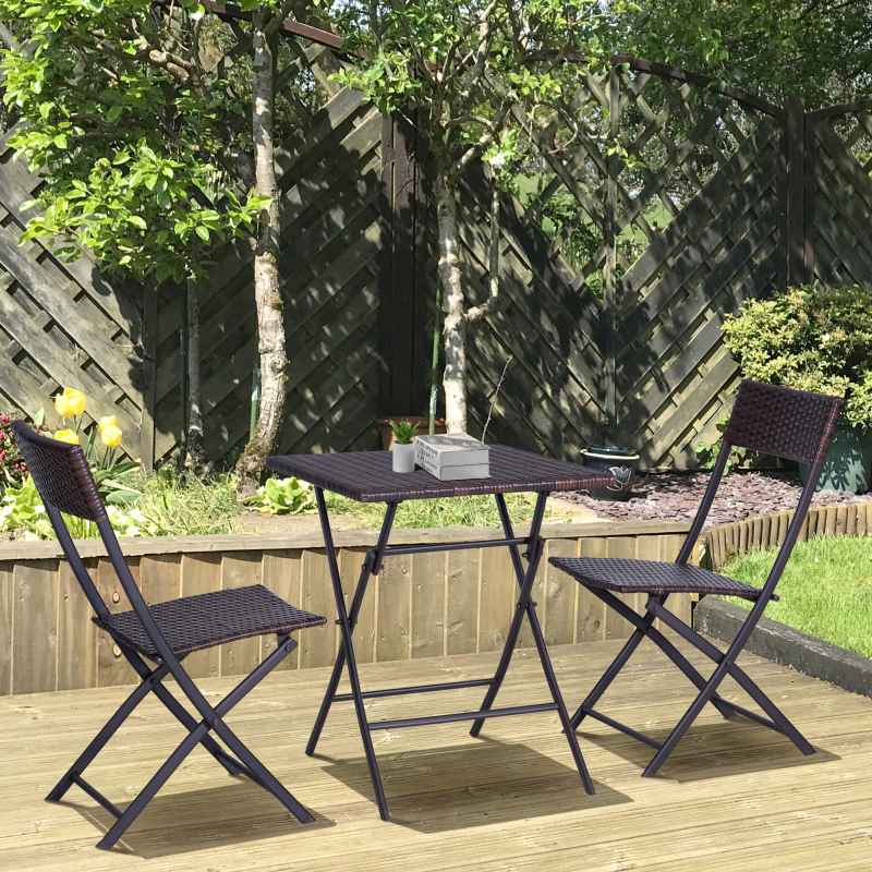 Outsunny 3 Pieces Folding Rattan Bistro Set, Garden Furniture Bistro Set with Folding Garden Table and Chairs, Wicker Balcony Furniture for Outdoor, Patio, Porch, Brown