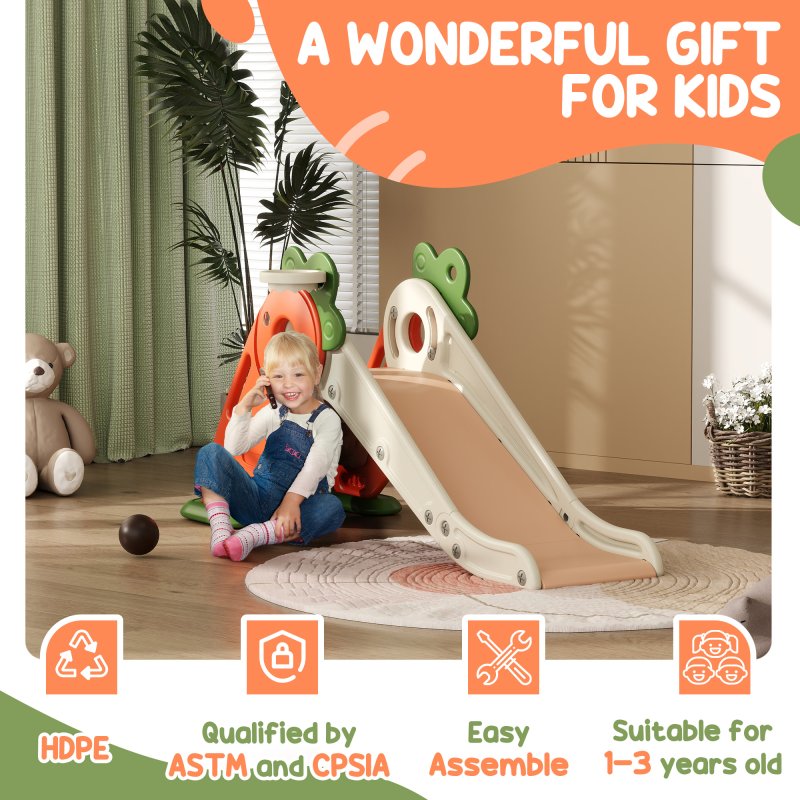 AIYAPLAY Kids Slide, 3 in 1 Foldable Toddler Slide with Basketball Hoop, Climber, Carrot-themed Indoor Slide for 1-3 Years Old, Orange