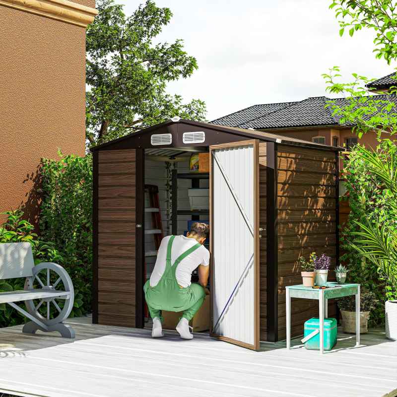 Outsunny 4.3 x  6.2 ft Garden Shed, Galvanised Metal Shed, Easy to Assemble, with Lockable Door, Gloves and 2 Vents Outdoor Tool Storage, Oak