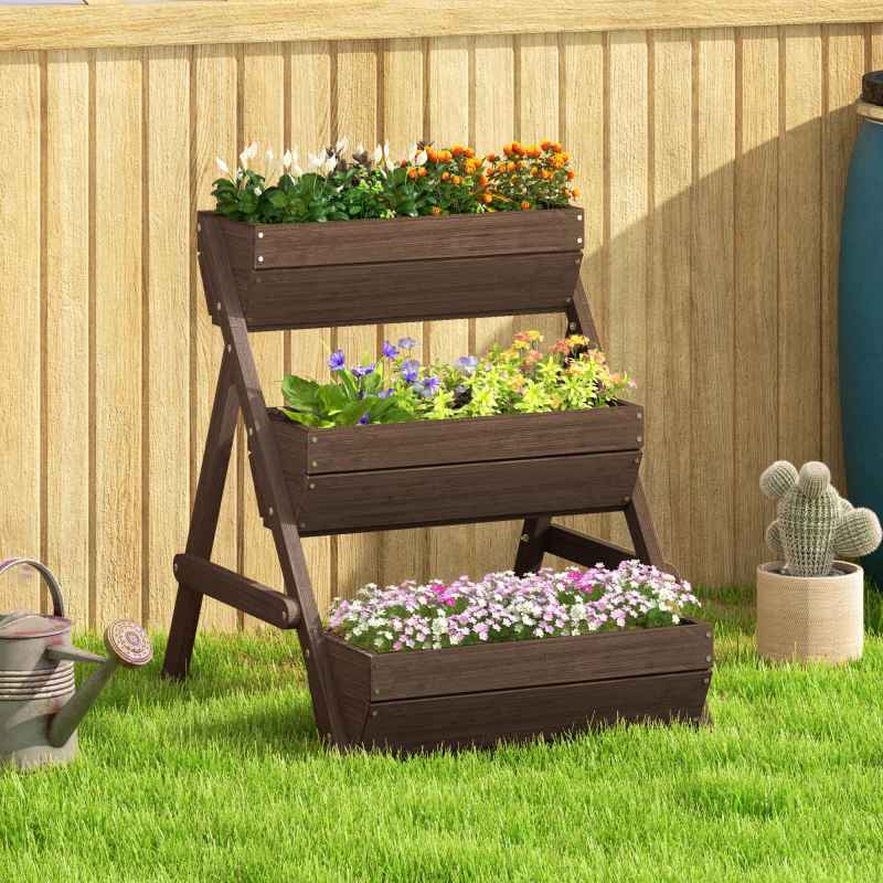 Outsunny 3 Tier 66L Raised Garden Bed Wooden Elevated Planter Box Kit for Flower, Vegetable, Herb, 65 x 75 x 76cm, Tan
