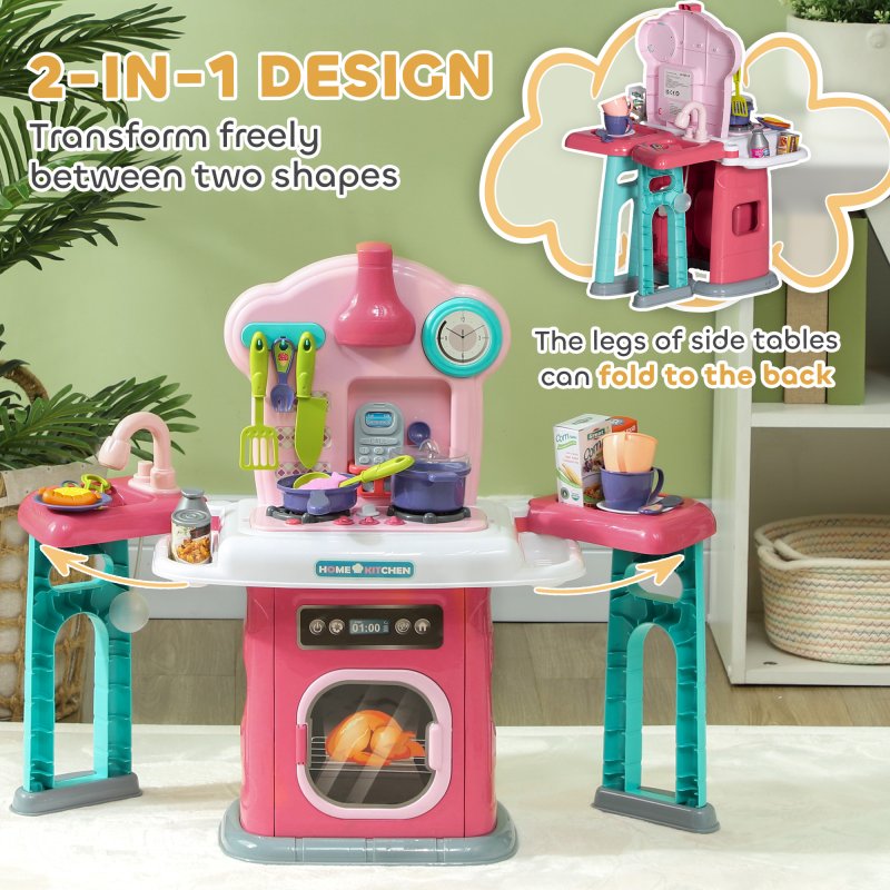 AIYAPLAY Toy Kitchen, 45-Piece Kids Kitchen with Rotating Side Tables, Toddler Pretend Role Play Kitchen with Light, Sounds, Spray Effect for Ages 3-6 Years, Pink