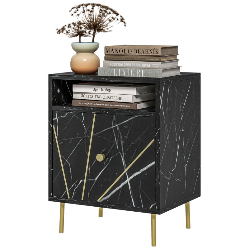 HOMCOM Marble Effect Bedside Table, Modern Side Table with Drawer, Open Shelf and Gold Tone Metal Legs for Bedroom, Living Room, Black