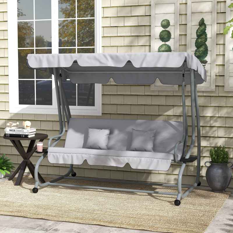 Outsunny 2-in-1 Garden Swing Seat Bed, 3 Seater Convertible Swing Chair Bench with Tilting Canopy, Cushioned Seat and 2 Pillows for Patio, Garden, Light Grey