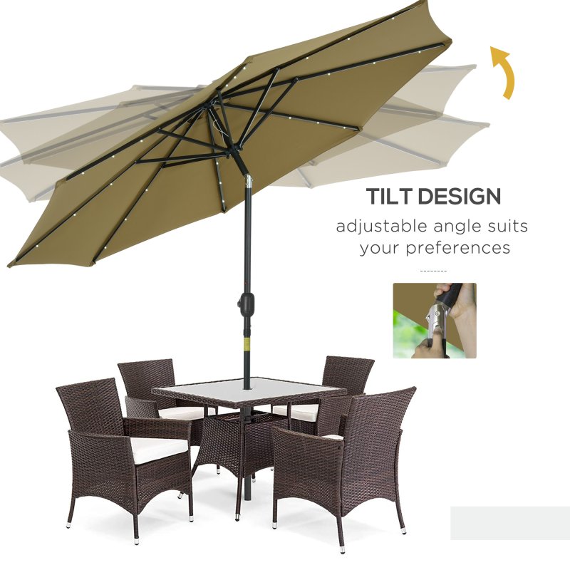 Outsunny 2.7m Patio Garden Umbrella Outdoor Parasol Outdoor Market Table Umbrella with Tilt Crank and 24 LEDs Lights (Brown)