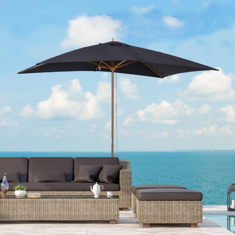 Outsunny 2 x 3m Wooden Garden Parasol Umbrella Outdoor Sun Shade Canopy, Table Market Umbrella with Vent, 38 mm Pole, Rope Pulley Mechanism, Black