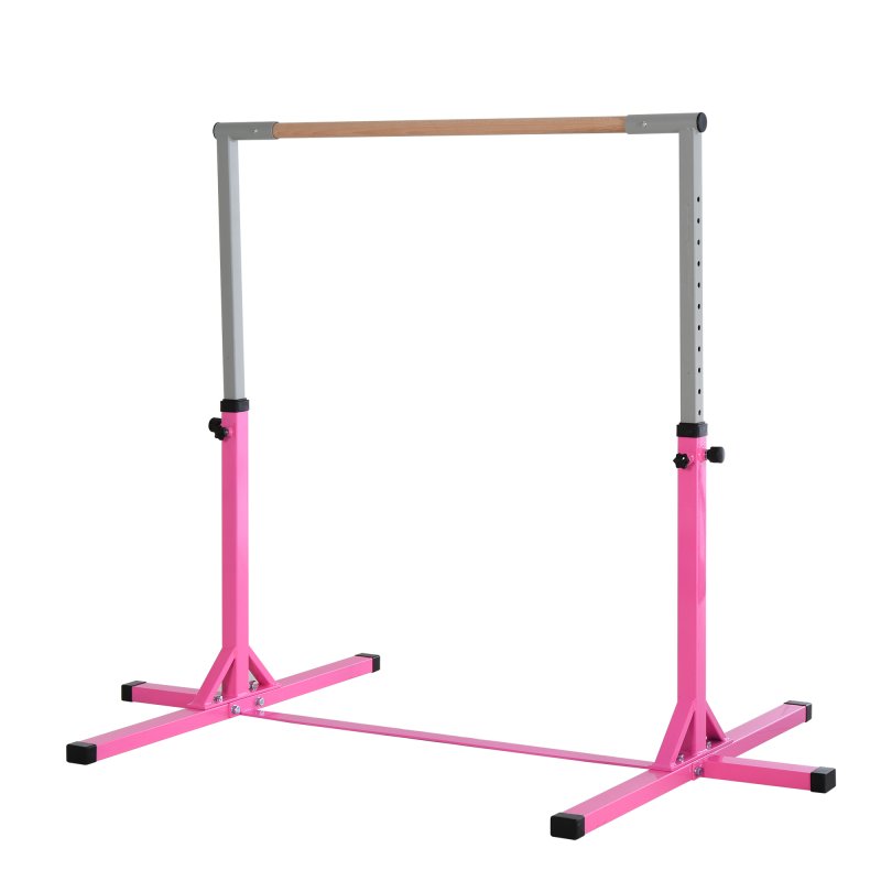 HOMCOM Height Adjustable Gymnastics Horizontal Bar For Kids Home Gym Training Children Junior Kip High Bar Fitness, Pink