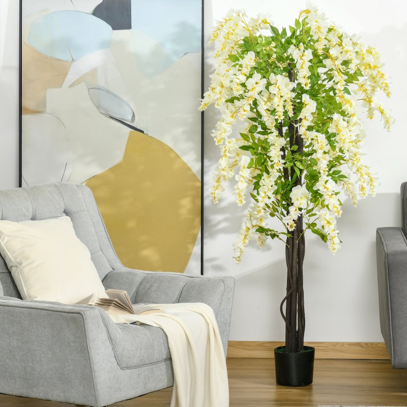 HOMCOM Artificial Realistic White Wisteria Tree Faux Decorative Plant in Nursery Pot for Indoor Outdoor D??cor, 160cm