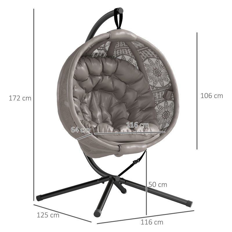 Outsunny Outdoor Hanging Chair, Swing Chair with Metal Stand, Thick Padded Cushion, Foldable Basket and Side Pocket, for Indoor and Outdoor, Sand