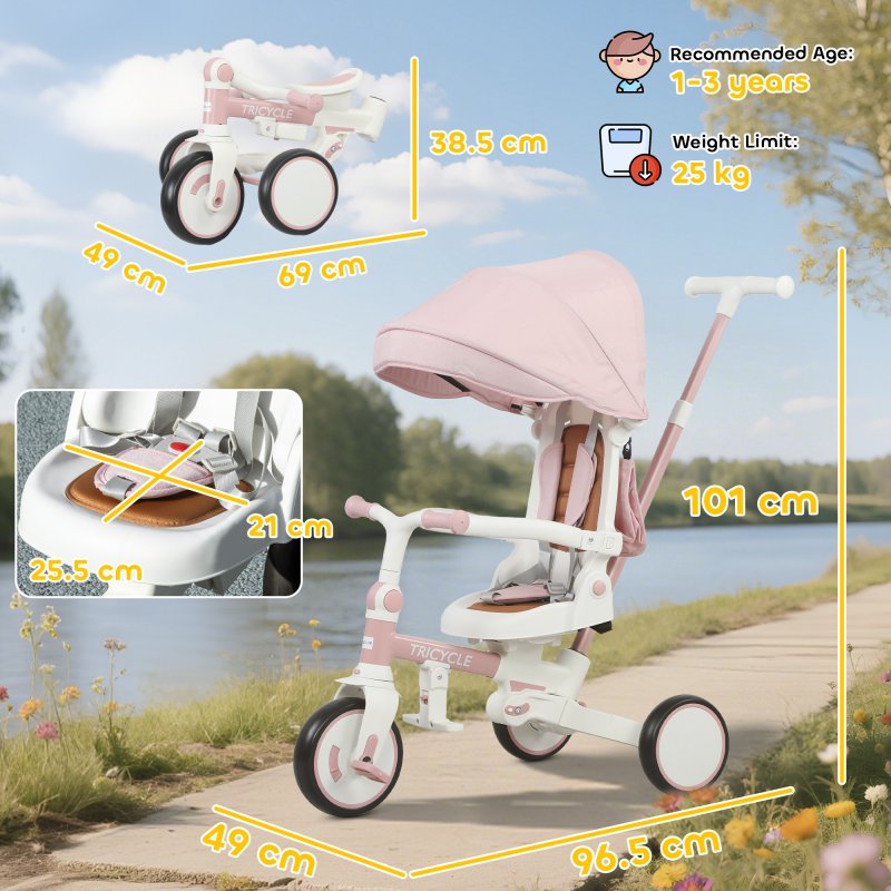 AIYAPLAY Kids Trike, Foldable Toddler Tricycle 5 in 1 with Adjustable Parent Handle & Removable Canopy, 5-point Safety Harness, Footrest, Storage Bag, for Ages 1-3 Years, Pink