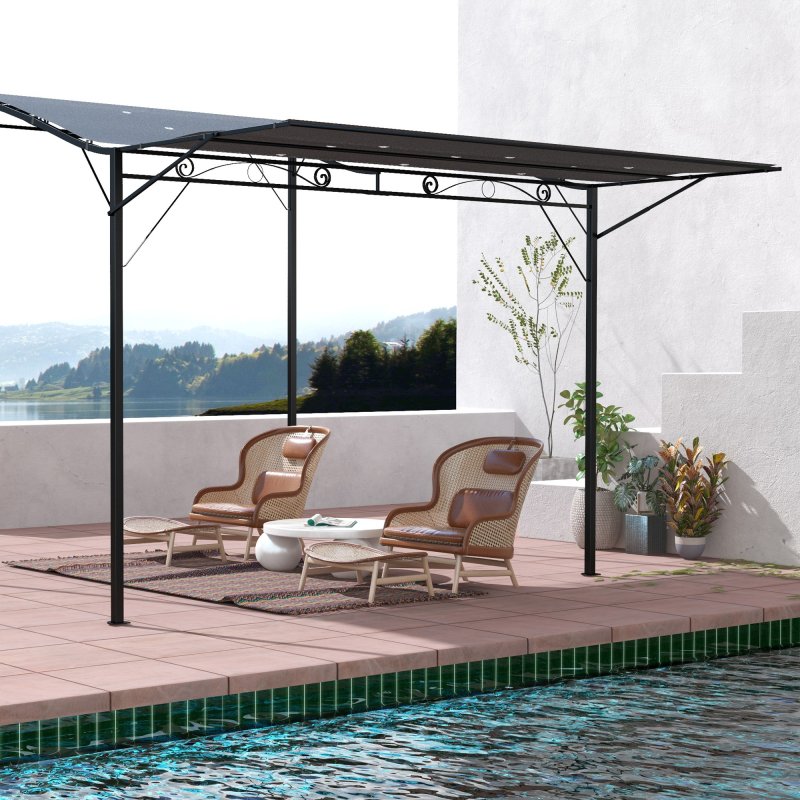 Outsunny 3 x 2.5m Patio Metal Gazebo Door Window Awning Wall Mount Canopy Outdoor Sunshade with Extended Shelter Charcoal Grey