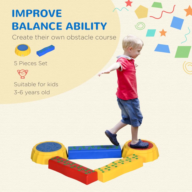 Outsunny 5 PCS Kids Stepping Stones Balance Beam w/ Non-Slip Surface and Bottom, Balance River Stones for Toddler