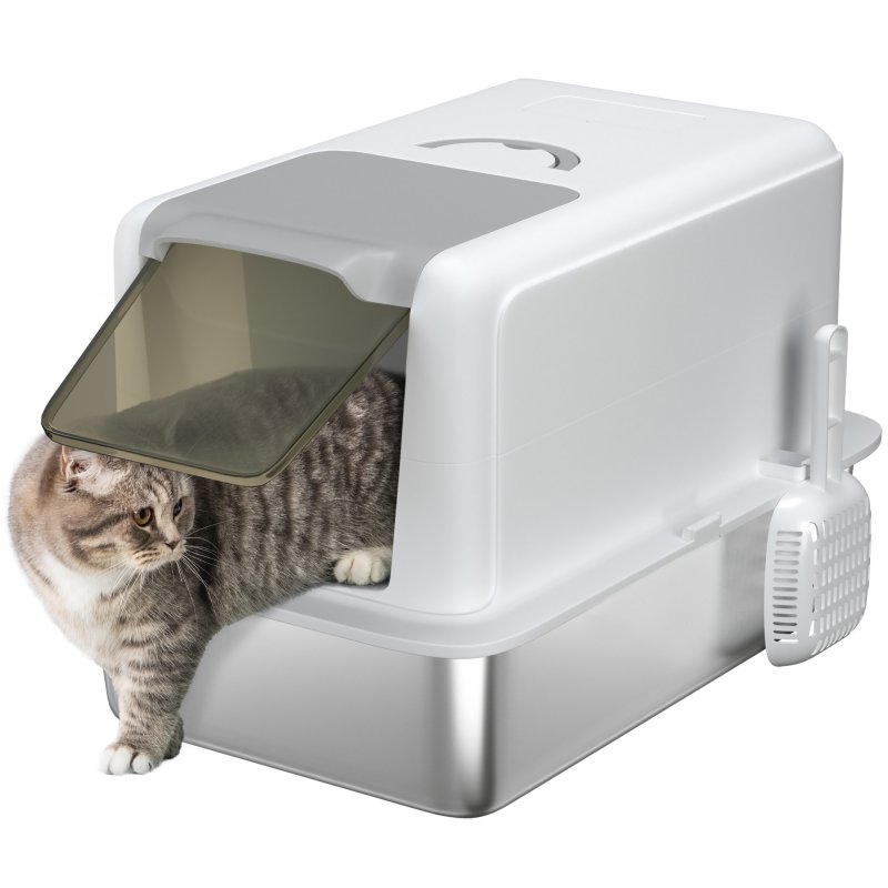 PawHut Stainless Steel Cat Litter Box, Extra Large Metal Cat Litter Tray with Lid, Scoop, Filter Bags, White