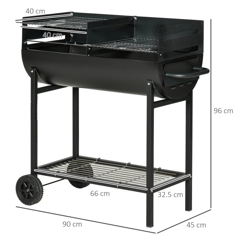 Outsunny Trolley Charcoal BBQ Barbecue Grill Cooker with 3-Level Adjustable Height Grill Nets, Patio Outdoor Garden Heating Heat Smoker with Wheels, 90 x 45 x 96 cm, Black
