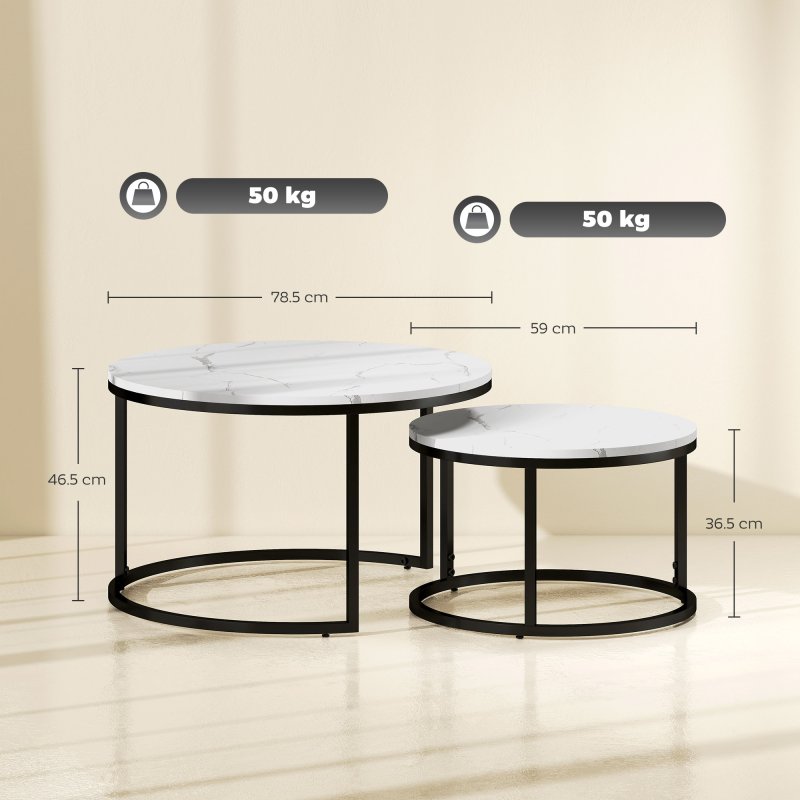 HOMCOM Round Nesting Coffee Table Set of 2, Large Stacking End Side Table with Steel Frame for Living Room, Bedroom, Home Office, 78.5 x 78.5 x 46.5 cm, Marble White