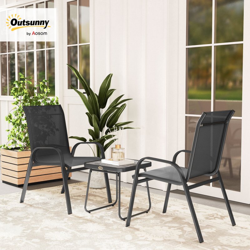 Outsunny Garden Bistro Set, 3 Piece Garden Furniture Set with Stackable Armchairs and SPC Board Coffee Table, Bistro Table and Chairs with Texteline Seats for Balcony, Porch, Black