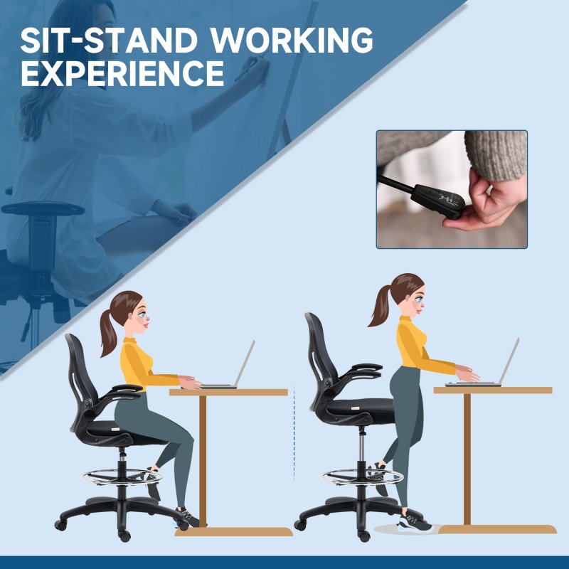 Vinsetto Drafting Chair with Flip-up Armrests, Mesh Office Chair, Ergonomic Draughtsman Chair with Lumbar Support and Footrest Ring for Standing Desk and Bar Counter, Black