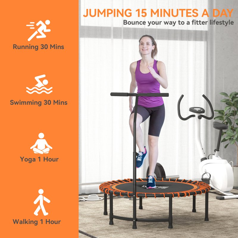 HOMCOM 45" Fitness Trampoline with Adjustable Handle, Folding Rebounder Trampoline Mini Jumper for Indoor Exercise Workout, Support Up to 100kg, Orange