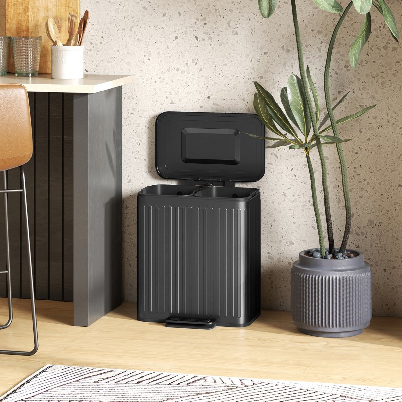 HOMCOM Dual Kitchen Bin, 2 x 20L Double Bin for Recycling and Waste, Fingerprint-proof Pedal Bin with Soft-Close Lid, Removable Inner Buckets