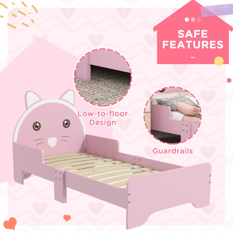 ZONEKIZ Toddler Bed Frame, Kids Bed Cat Design Princess Bed Bedroom Furniture with Guardrails, for 3-6 Years Old, 143L x 74W x 72Hcm - Pink