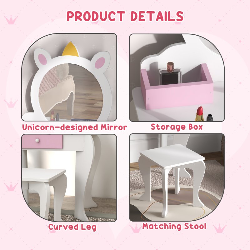 ZONEKIZ Kids Dressing Table Kids Vanity Table Girls Dressing Table with Mirror and Stool, Drawer, Storage Boxes, Unicorn Design, for Toddles Ages 3-6 Years - White and Pink