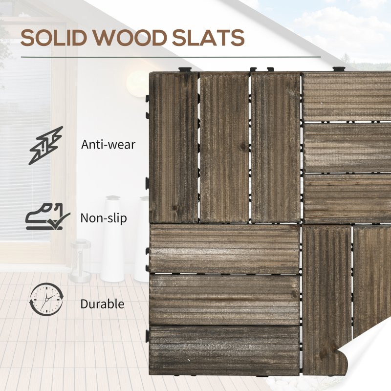 Outsunny 27 Pcs Wooden Interlocking Decking Tiles, Outdoor Flooring Tiles for Patio, Balcony, Terrace, Hot Tub, 30 x 30 cm per Piece, 2.5m² per Pack, Charcoal Grey