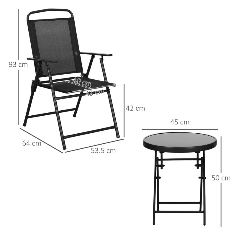 Outsunny Garden Bistro Set, 3 Pieces Table and Chairs Set, Outdoor Garden Furniture with Foldable Breathable Mesh Fabric Armchairs & Glass Top Coffee Table, Black