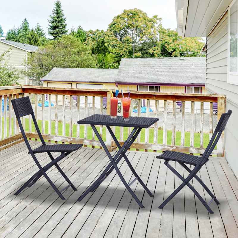 Outsunny 3 Pieces Folding Rattan Bistro Set, Garden Furniture Bistro Set with Folding Garden Table and Chairs, Wicker Balcony Furniture for Outdoor, Patio, Porch, Black