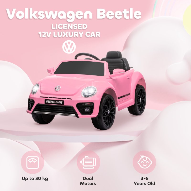AIYAPLAY Volkswagen Beetle Licensed Ride on Car, 12V Kids Electric Car with Remote Control, 4 Spring Suspension Wheels, Soft Start, Headlights, FM Radio, Music, Horn, Pink