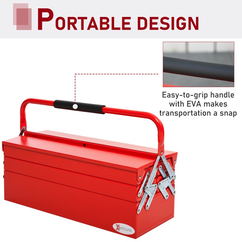 DURHAND Metal Tool Box 3 Tier 5 Tray Professional Portable Storage Cabinet Workshop Cantilever Toolbox with Carry Handle, 56cmx20cmx34cm, Red