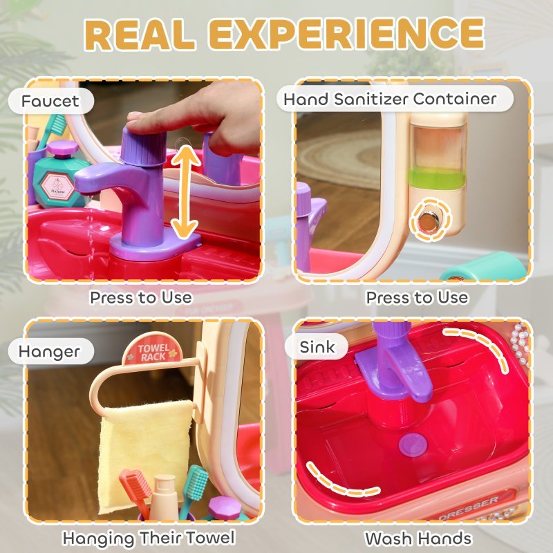 AIYAPLAY Kids Dressing Table, Kids Vanity Table with Mirror LED Light, Music, 23 Accessories, for 3-6 Years - Pink