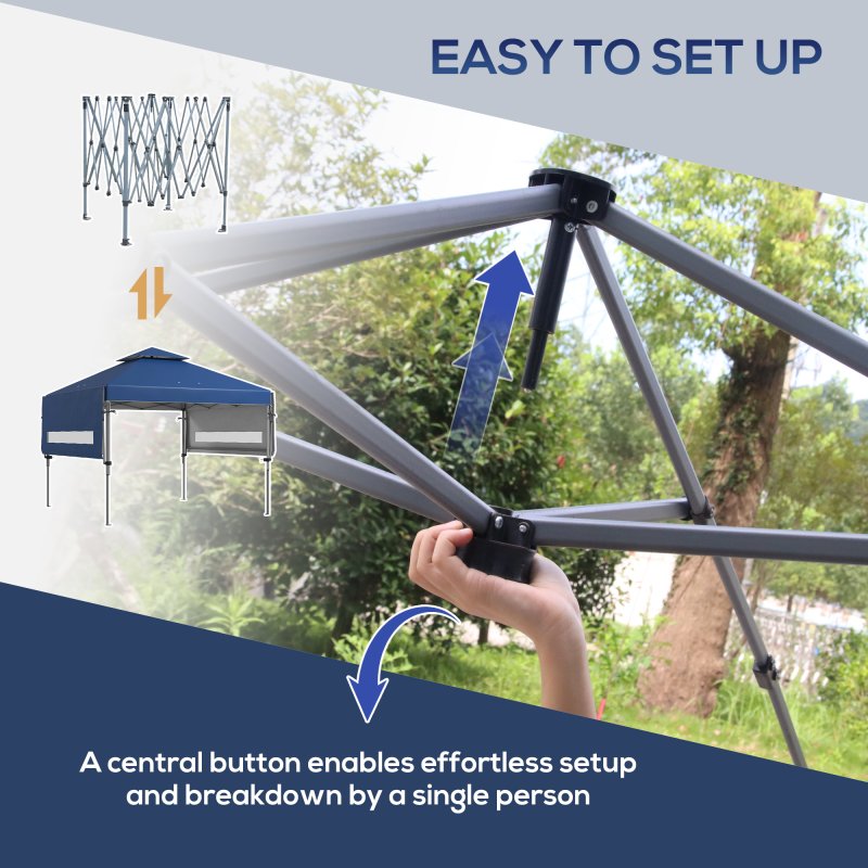 Outsunny 3 x 3(m) Pop Up Gazebo with Extend Dual Awnings, 1 Person Easy up Marquee Party Tent with 1-Button Push, Double Roof, Wheeled Bag, Sandbags, Height Adjustable Instant Shelter, Blue