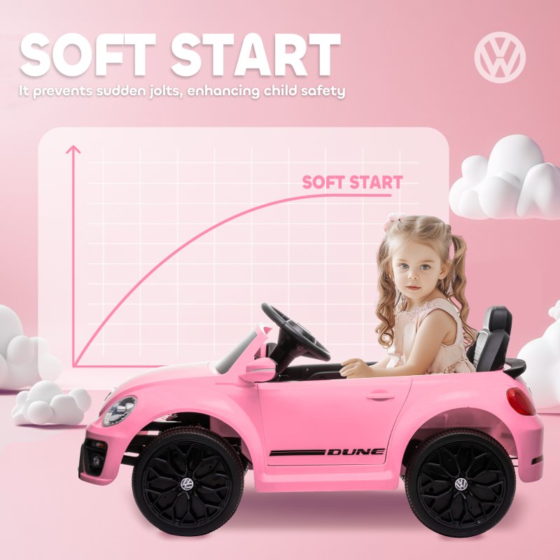 AIYAPLAY Volkswagen Beetle Licensed Ride on Car, 12V Kids Electric Car with Remote Control, 4 Spring Suspension Wheels, Soft Start, Headlights, FM Radio, Music, Horn, Pink