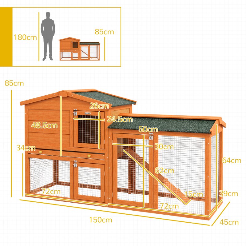 PawHut Rabbit Hutch Outdoor, 2 Tier Guinea Pig Hutch with Run, Ramp, Slide-out Tray, Asphalt Roof, 150 x 45 x 85cm